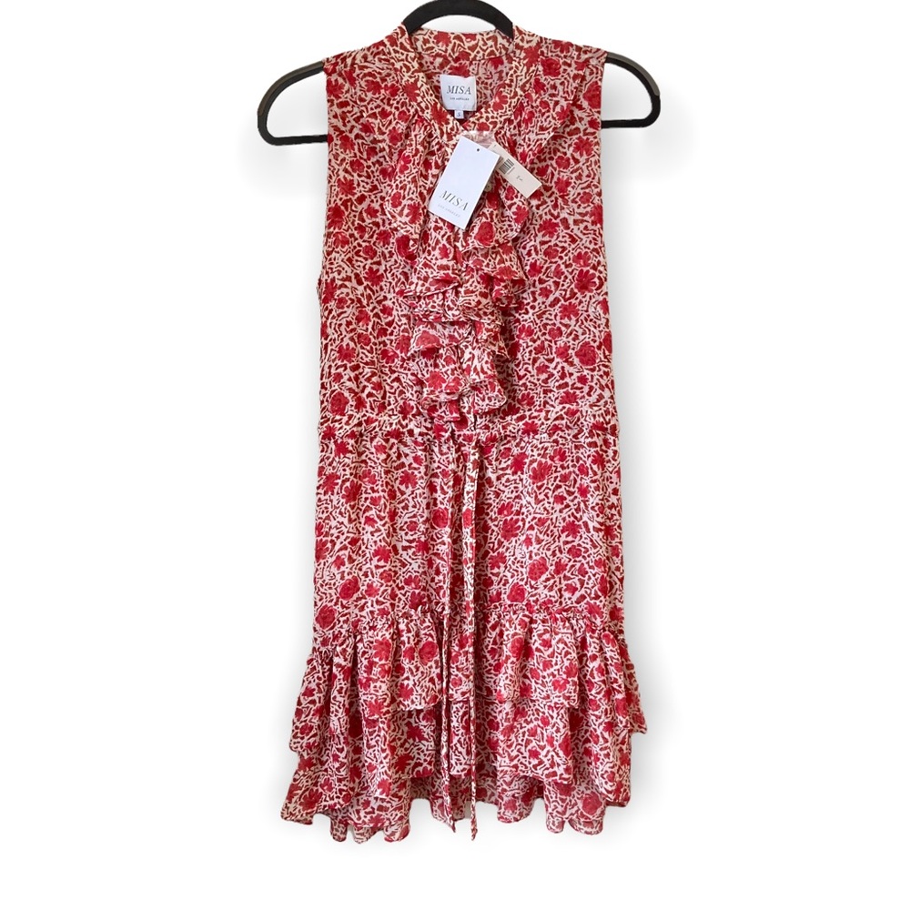 MISA Red Rust Floral Eba Sleeveless Ruffle Mini Dress Size Small - Picture 4 of 11